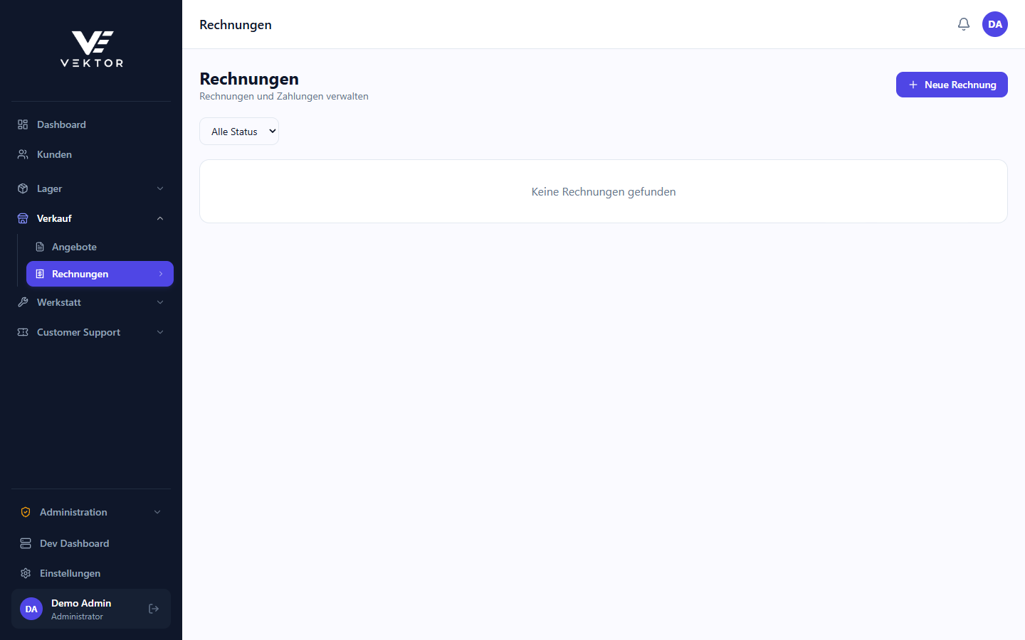Rechnungsliste mit Status-Filter